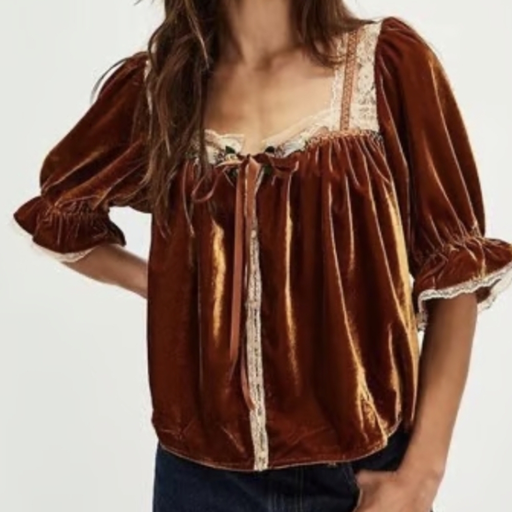 Free People Let's Voyage Velvet Viscose Lace Top in Bronze Brown Combo, XS